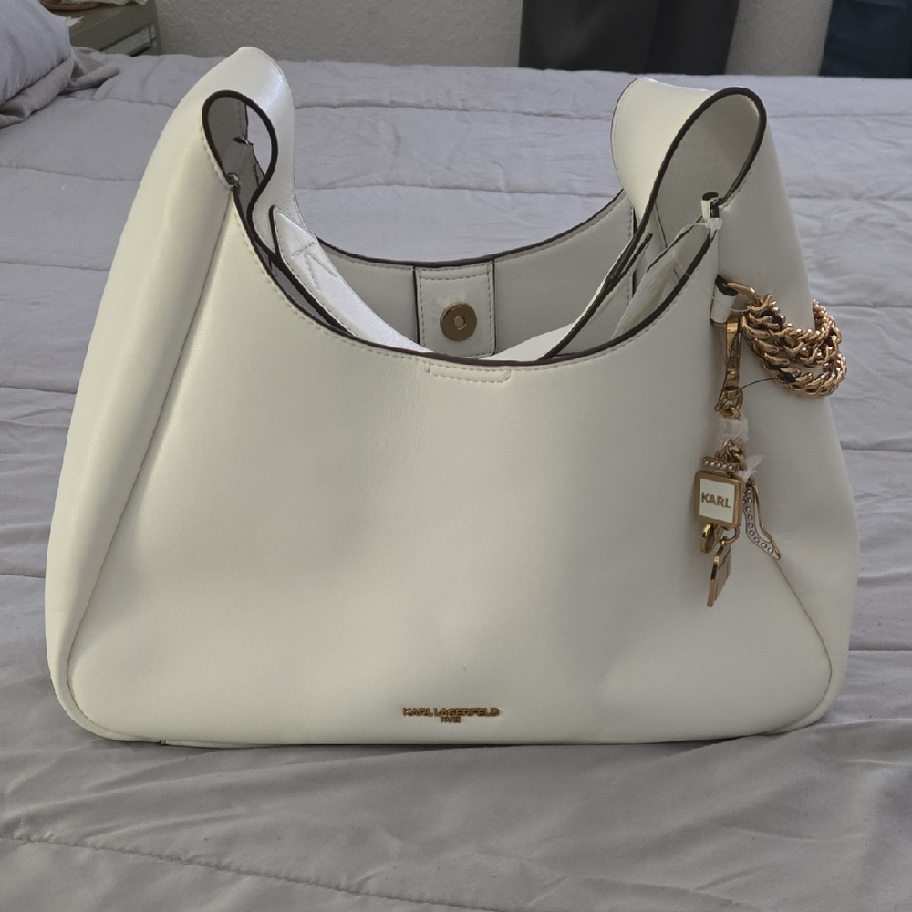 Karl Lagerfeld Cream Shoulder Bag with Gold Accents